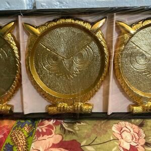 Vintage MCM Gold Brass Owl Coasters